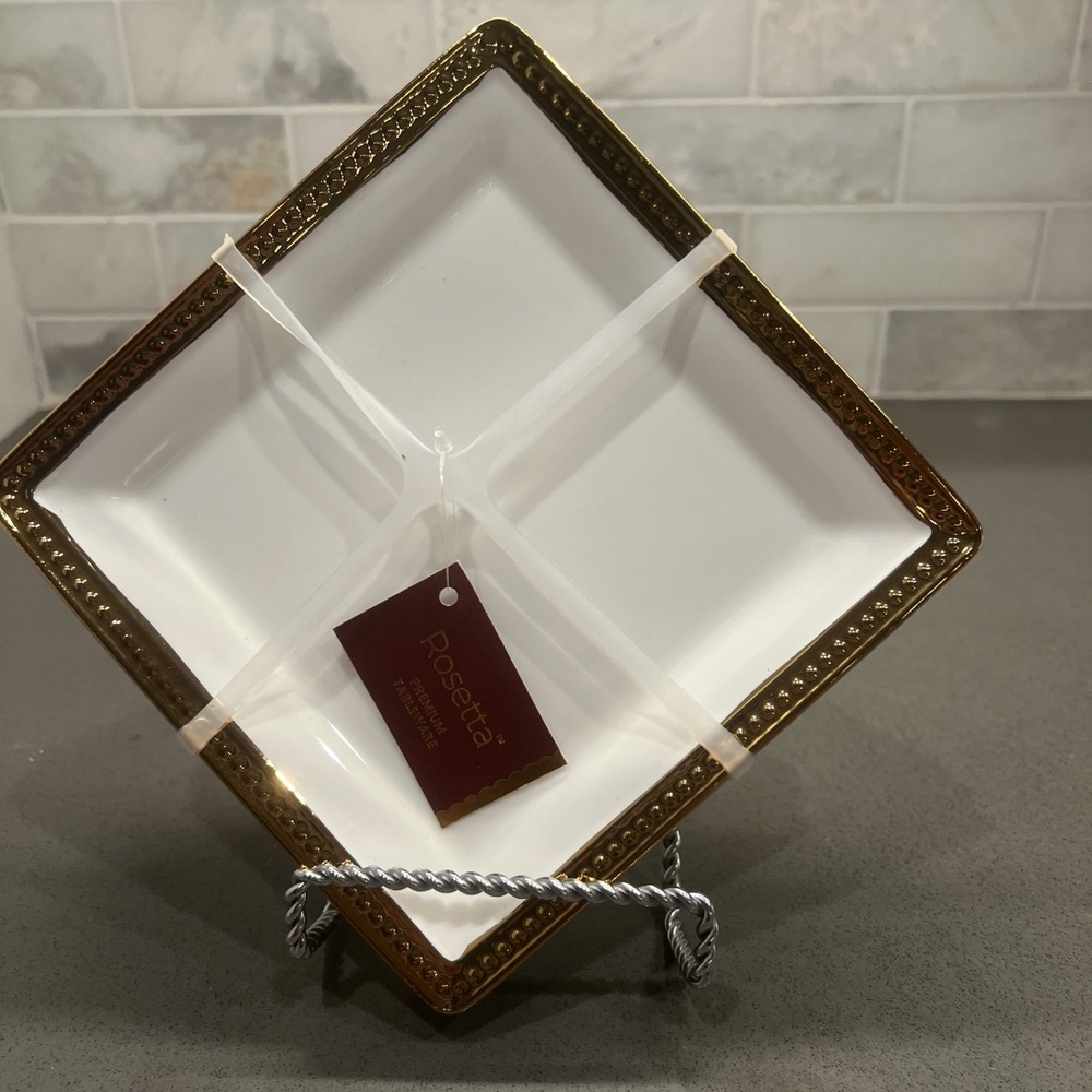 NEW ROSETTA set a four Square tidbit plates white with gold trim